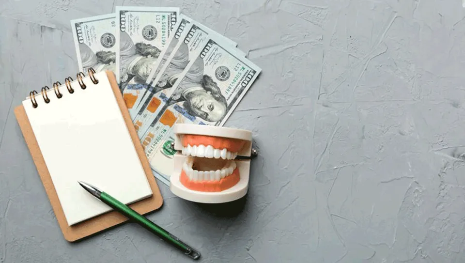 Money, notebook, and dental plastic teeth