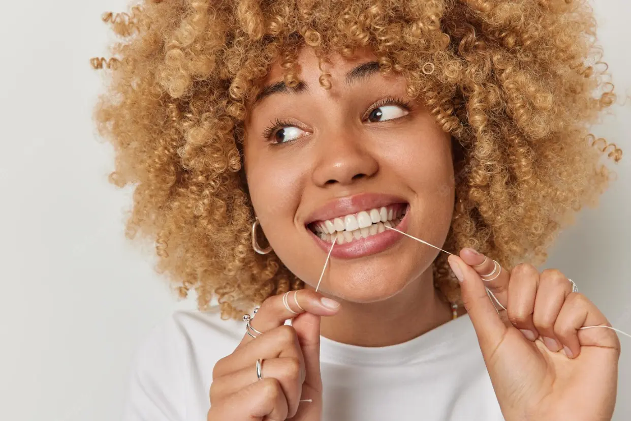 Black woman flossing her teeth